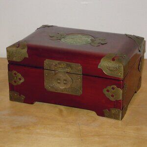 Vintage Chinese Asian Oriental Rosewood Wood Brass White Jade Jewelry Jewel Box